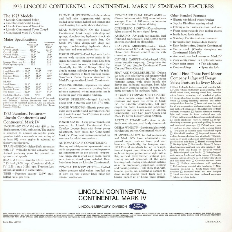 1973 Lincoln Model Range Brochure Page 1
